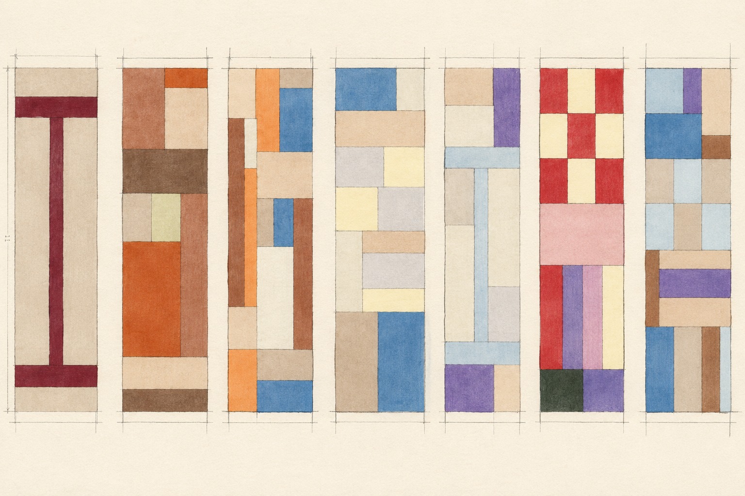 Illustration aquarelle des sept déclinaisons de palettes Bo·Jour, sous forme de bandes verticales colorées