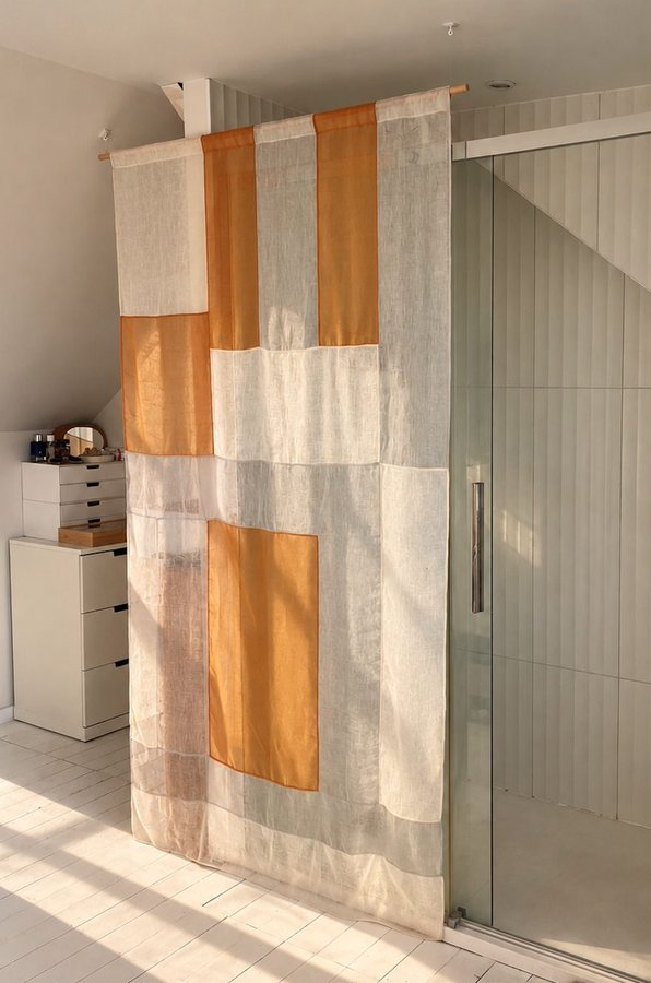 Rideau patchwork Bo·Jour accroché par une attache passe-tringle