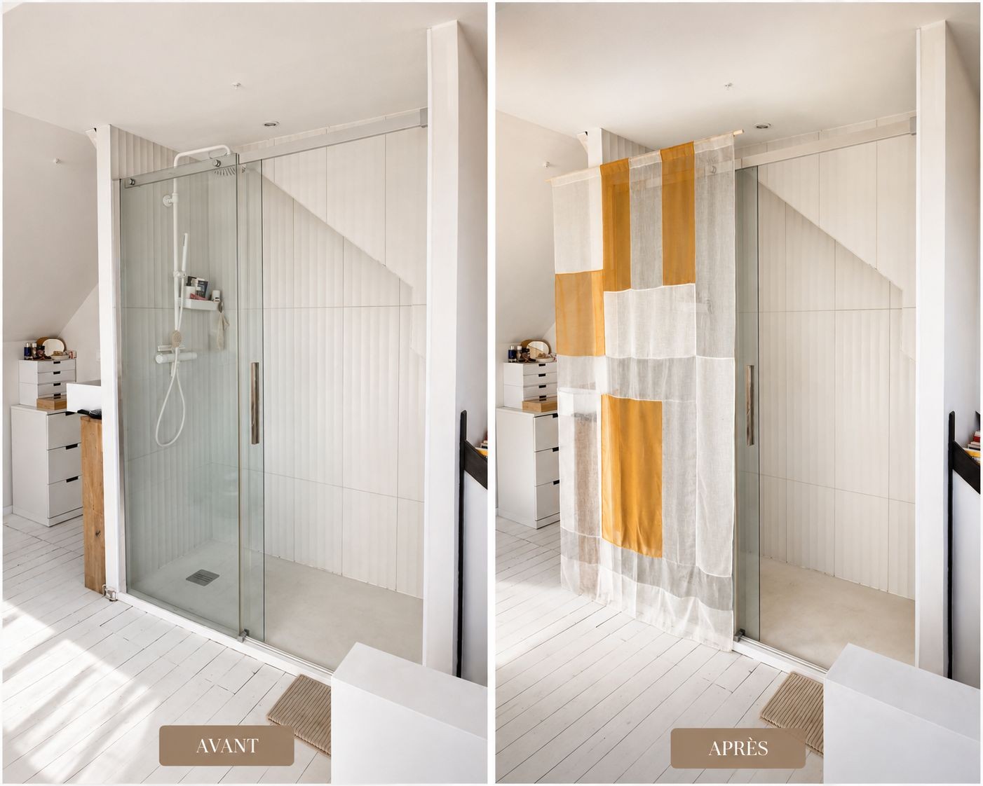Avant / après : douche vitrée habillée d'un rideau patchwork Bo·Jour suspendu au plafond