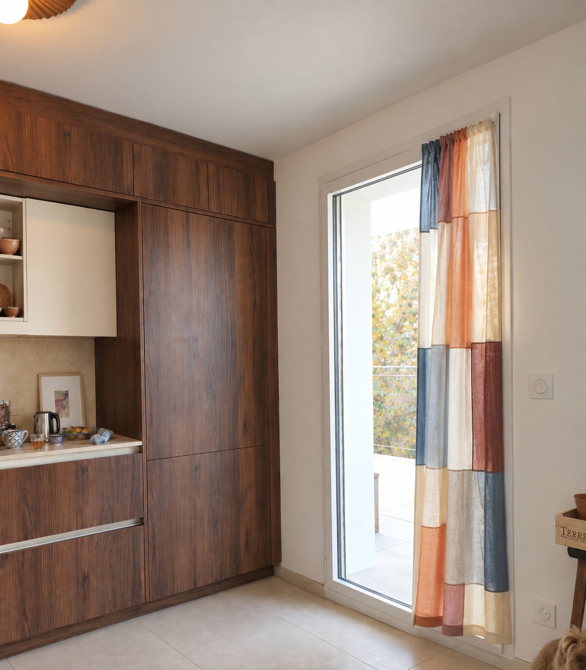 Rideau patchwork Bo·Jour léger, devant une porte-fenêtre de cuisine