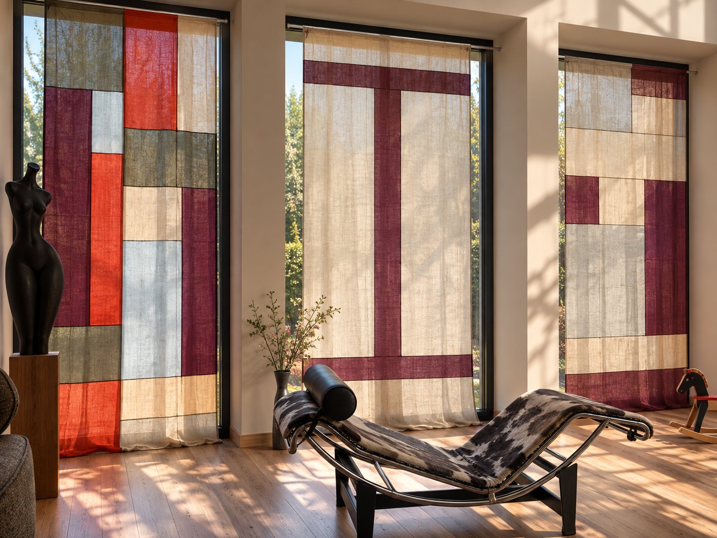 Rideaux patchwork Bo·Jour devant trois fenêtres, avec une sculpture et une chaise longue
